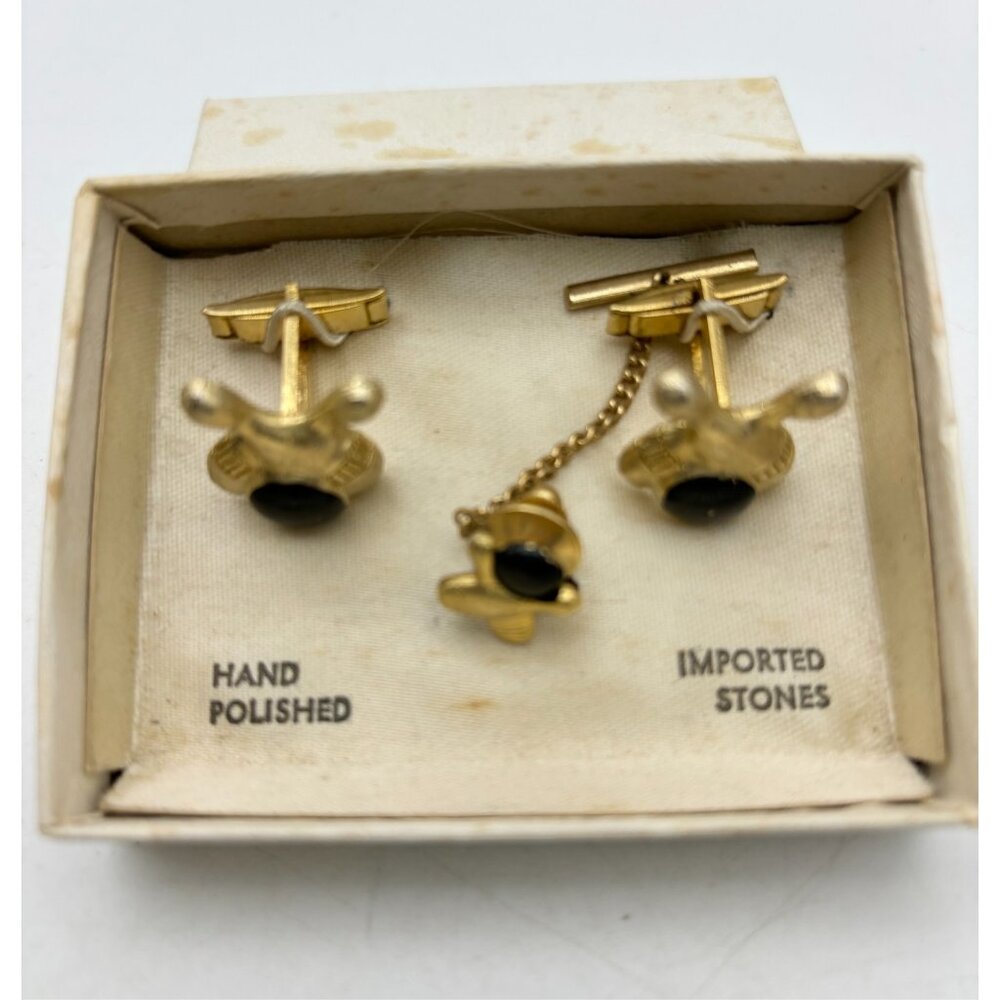 1970s Onyx Bowling Pins Cuff Links-Tie Tac Set-Gold Tone-NOS MCM-Rare Find